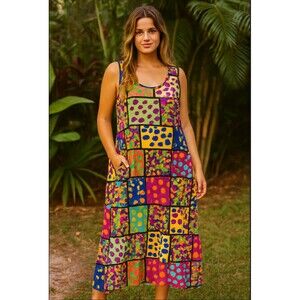 Jams World Hawaiian Haiti Dress sz M Artsy Polka Dot Patchwork Print Pocket BOHO